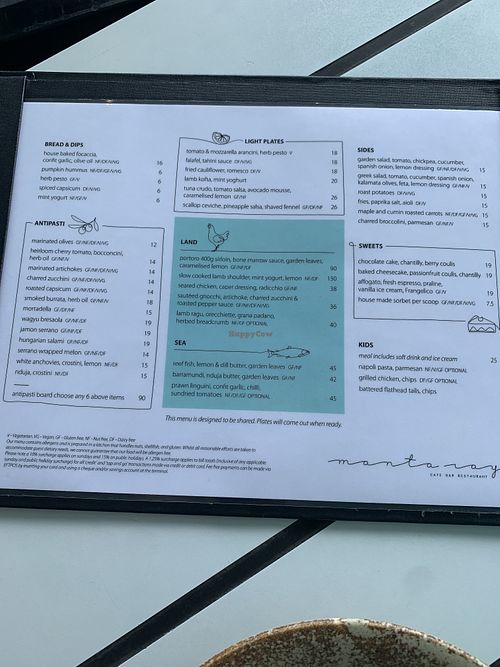 Menu shows the vegan options   at Manta Ray in Hamilton Island