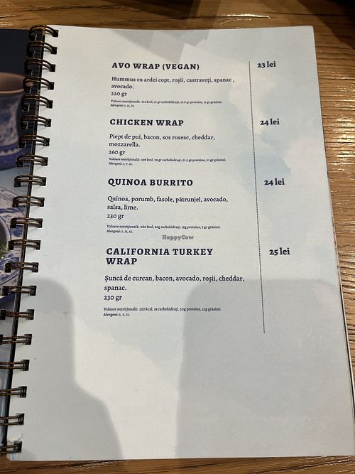 Vegan options listed on menu  at The Dripper in Oradea