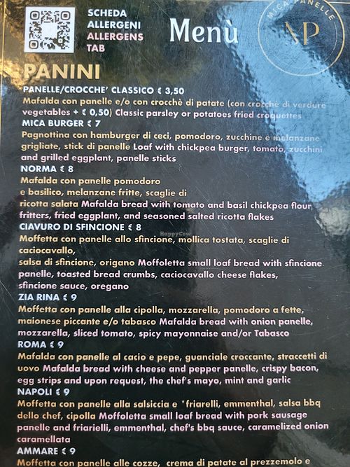 Menu - MICA panelle at Mica Panelle in Palermo