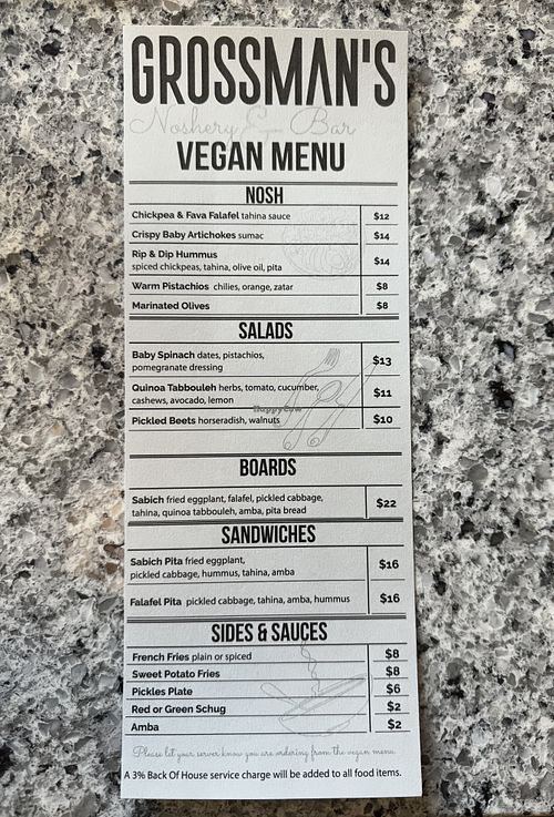 Vegan menu   at Grossman's Noshery & Bar in Santa Rosa