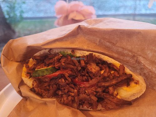 The BBQ tofu pita pocket. I was obsessed with these. Ate 2 in one sitting 😂 The tofu tastes bacon-y in the best way possible. Delicious sauce inside, too. at Olivka in Almaty