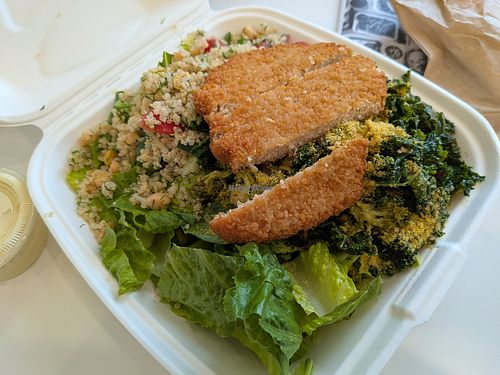 Salad with kale/broccoli, quinoa, and chik'n. at Greens and Grains  in Wall