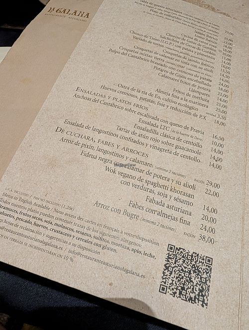 menu (vegan wok listed) at La Galana in Gijon