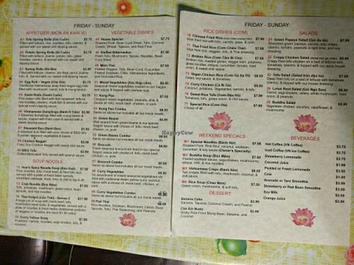 current menu at Van Hanh Restaurant in Portland