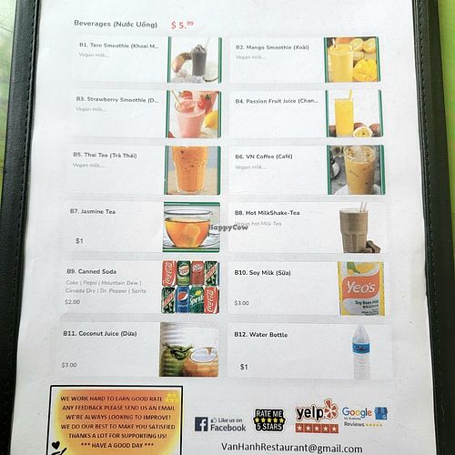 Menu at Van Hanh Restaurant in Portland