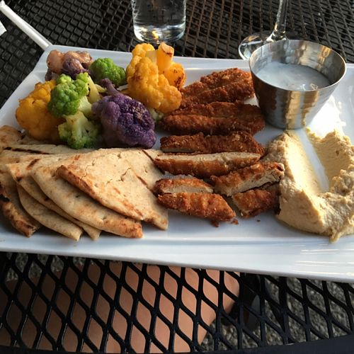 Mediterranean dish with Gardein tenders at 10 East Kitchen and Taphouse in Turlock