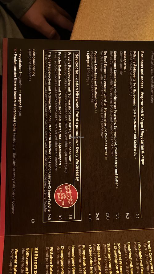 Vegan portion of the menu  at Brauhaus Em Kölsche Boor in Cologne