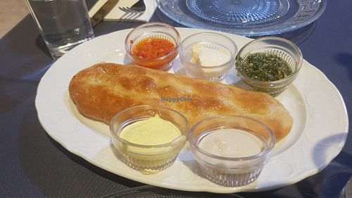 Bread with dips - yum! at Eucalyptus in Jerusalem