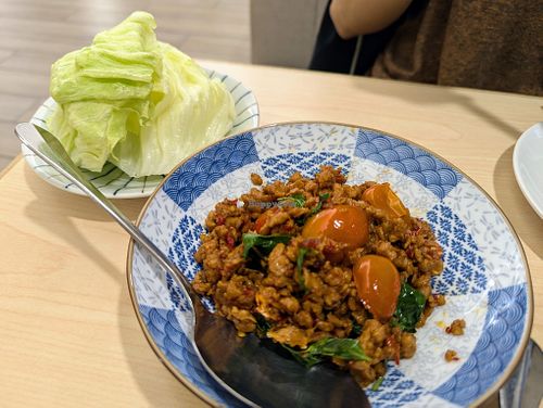 stir-fried thai basil with minced omnipork at Veggienius in Taipei