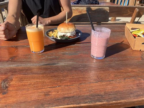 Vegan milkshake and smoothie, veggie lentil Burger( I don’t know if vegan possible)  at Homies! Café & Restaurante in Vejer De La Frontera