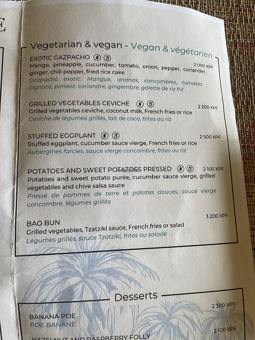 Vegan menu Nov 2023  at Tamure Beach Grill in Bora Bora