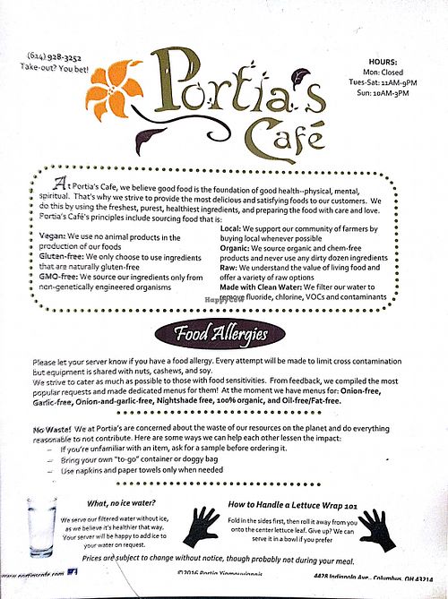 menu at Portia's Cafe in Columbus