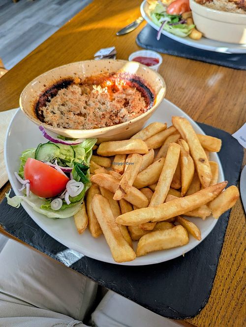 Vegan lasagne and chips at The Jolly Sailor in Milford Haven