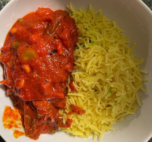 Tikka masala (allegedly) and garlic rice (photo shows only a part, not the full portion) at Vegan Spice in Camberley