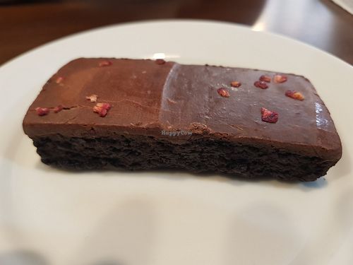 Raspberry chocolate brownie at Sinners Cafe in Berwick Upon Tweed