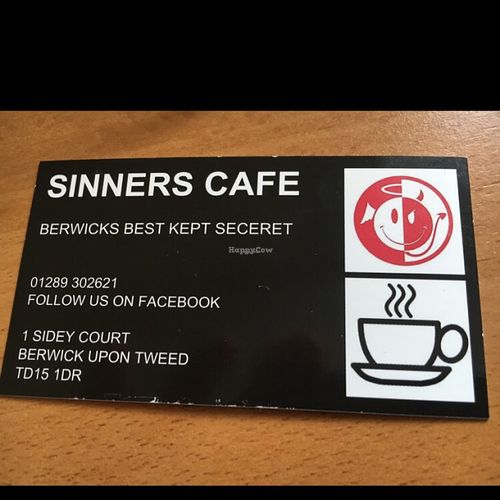 business card  at Sinners Cafe in Berwick Upon Tweed
