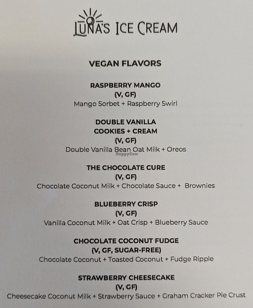 menu at Luna's Ice Cream in Milwaukie
