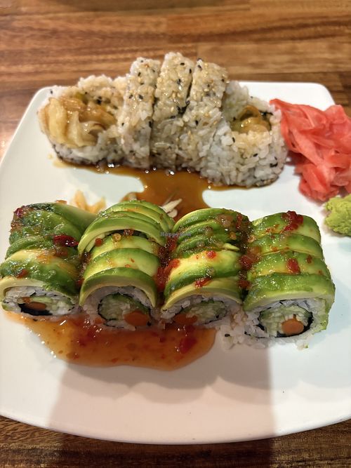Super Vegetables Roll (front) and Vegetables Tempura (back… contains egg)  at Sushi Iwa in Apex