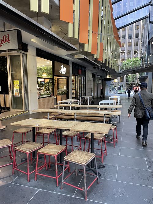 Sheltered laneway seating. Goldsbrough Laneway  at Amie Bakery Cafe in Melbourne