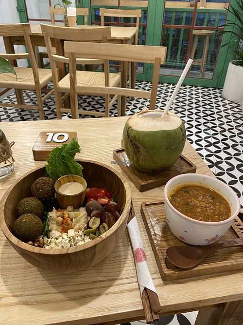Falafel bowl with lentil soup and a coconut   at iVegan Supershop Old Quarter Hanoi - Healthy Plant Based Cafe in Hanoi