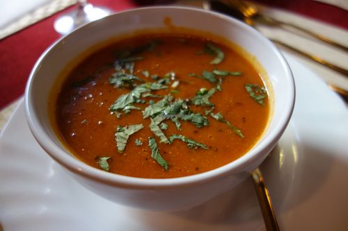 Dalo Soop (spicy lentil soup with turmeric, garlic, and fresh herbs) (vegan) at Weissberg Restaurant in Saarbrucken