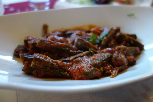 Bengry (fried ladyfingers, spiced with a mix of onions, tomatoes, and various spices) (vegan) at Weissberg Restaurant in Saarbrucken