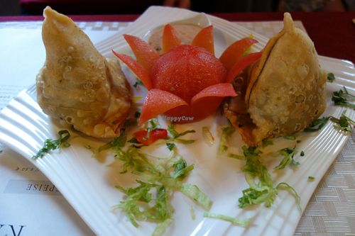 Sambosa (2 dumplings filled with spiced potatoes and peas) (vegan) at Weissberg Restaurant in Saarbrucken