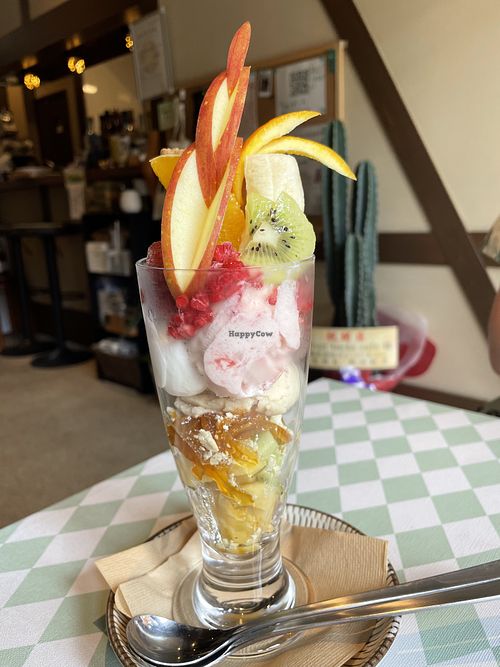 Parfait with ice cream and cream and other yummy treats   at Silver Backs Cafe in Kyoto