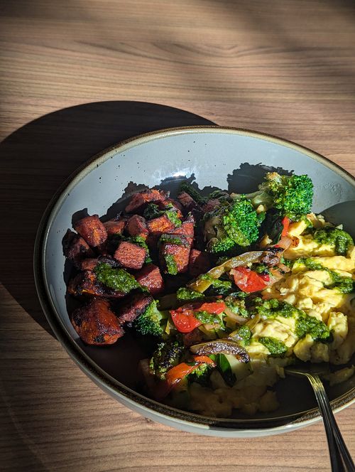 Vegan Just Egg bowl with sweet potato and brocolli at Brooklyn Bagel at Arsenal pittsburgh in Pittsburgh