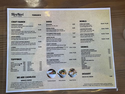 Menu with 2 vegan options  at HiroNori Craft Ramen in Torrance