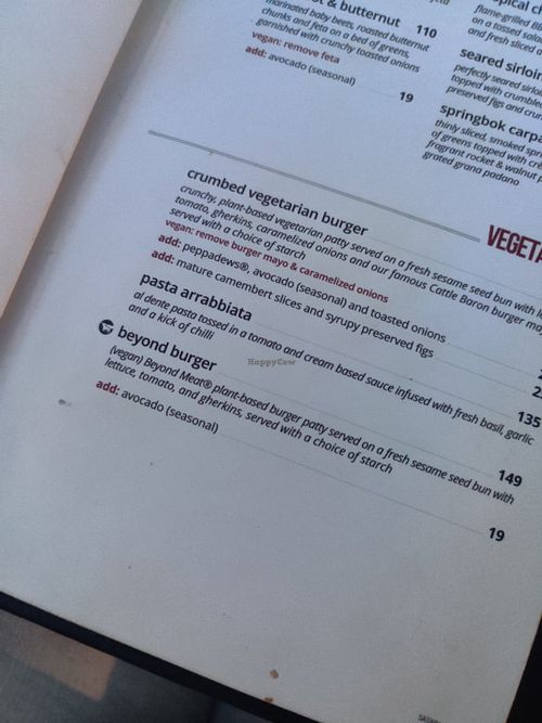 Menu at Cattle Baron Restaurant - Satara in Mpumalanga