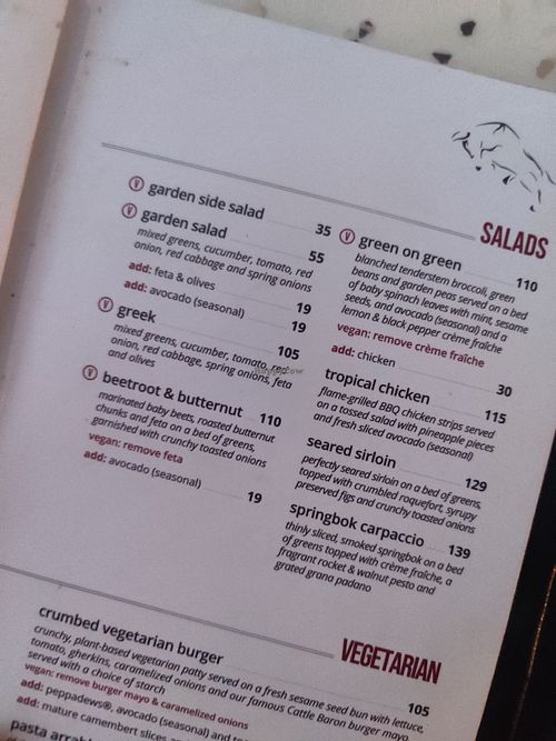 Menu at Cattle Baron Restaurant - Satara in Mpumalanga