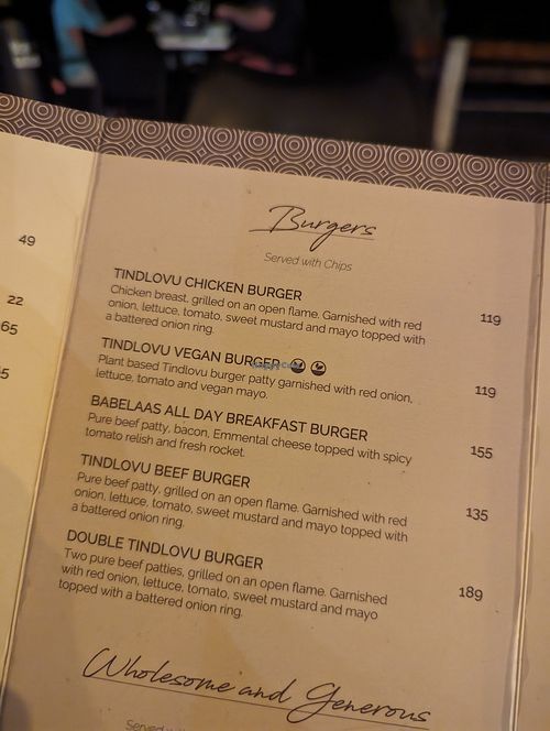 Menu at Tindlovu Restaurant - Letaba Rest Camp in Mpumalanga