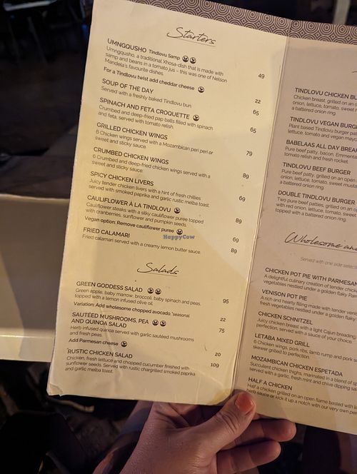 Menu at Tindlovu Restaurant - Letaba Rest Camp in Mpumalanga