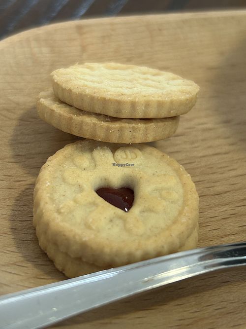 Mini Jammy dodgers with tea   at The Station Coffee + Kitchen in Stokesley