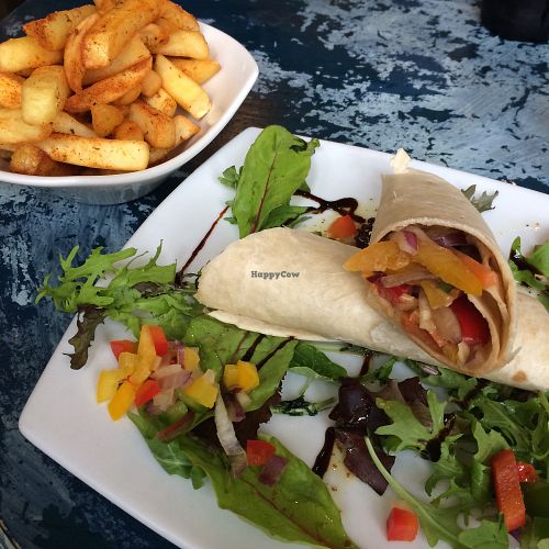 Satay veg wrap and spicy chips at Cafe Arriba in Isle Of Skye