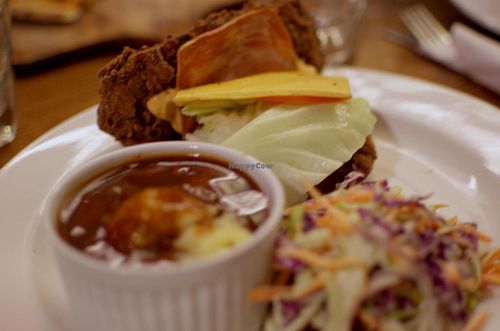 Vegan Double Down (cheez, facon and tomato sandwiched between two southern fried mock chicken fillets. Served with mash 'n' gravy and slaw) at Cornish Arms in Brunswick