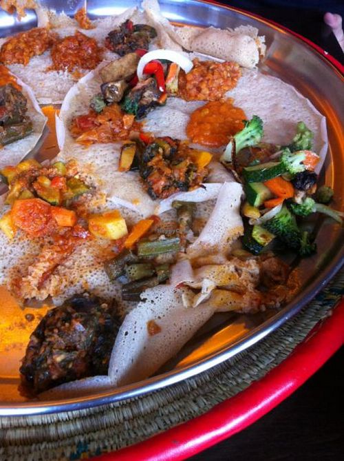 Vegan tasty taster plate with injera: 29 euros for two people, 14 euros for one. at Adulis in Stuttgart