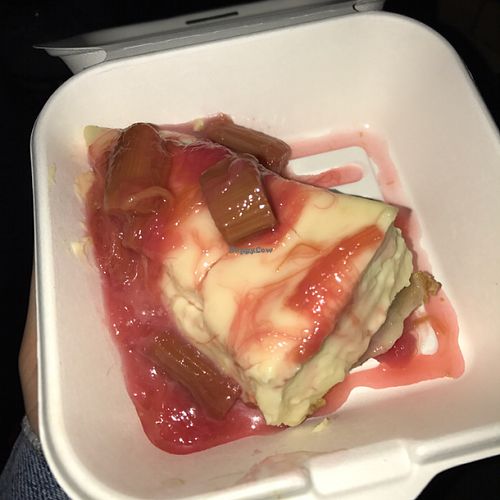 slightly squished rhubarb and custard cheesecake at Samphire Brasserie in Plymouth