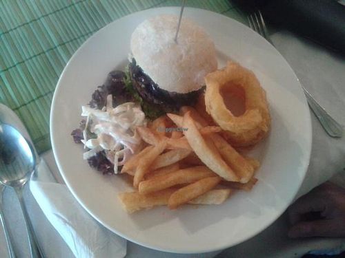 lovely vegan olive burger - my vegetarian sad loved it at Samphire Brasserie in Plymouth