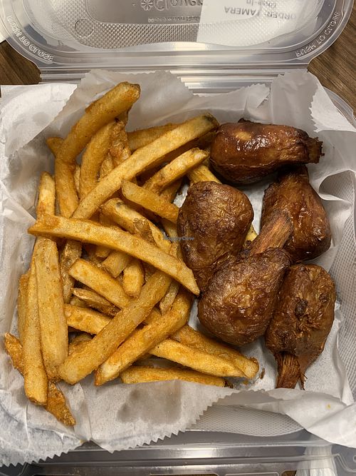 Vegan “wings” with fries  at Orleans & York Deli in Moreno Valley