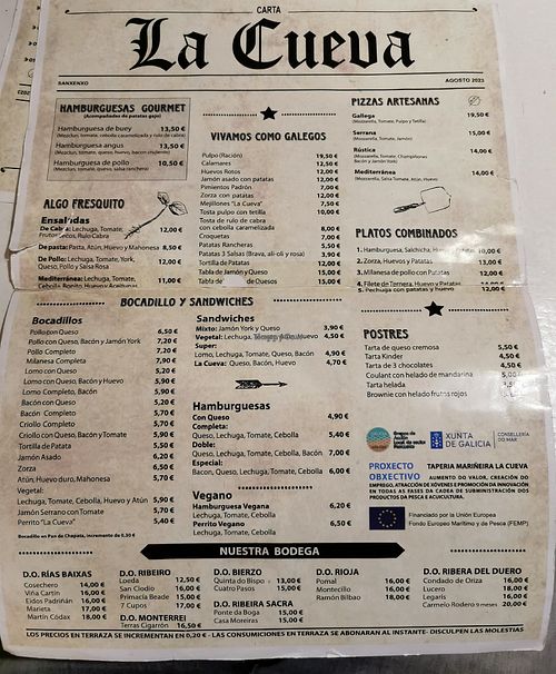 Carta at Gastrobar La Cueva in Sanxenxo