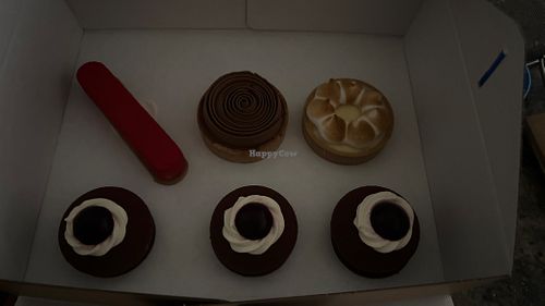 3 Black Forest, raspberry, lemon meringue and caramel and chocolate mousse tart   at GingerSnap Patisserie in West Melbourne