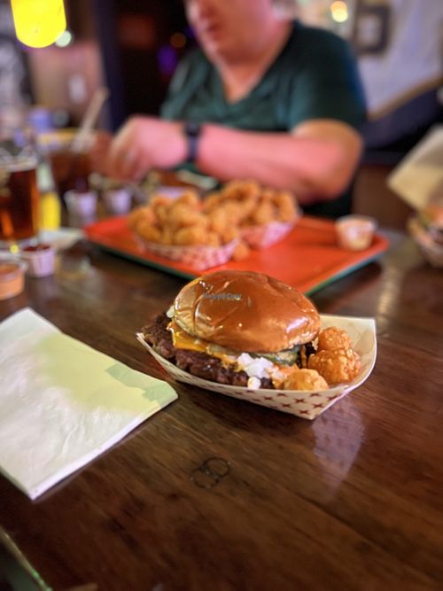 Vegan single burger & tater tots, Yumm   at Stay Tuned Burgers in Las Vegas