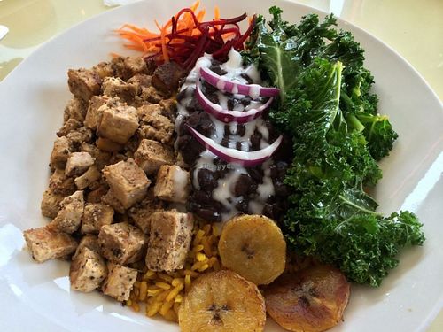 Island Bowl: jerk tofu with garlic greens, black beans & rice and plantains. at Bread and Chocolate Vegan Bistro in George Town
