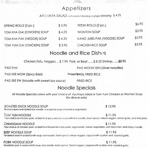 lunch menu at Ayuttaya Thai Cuisine in Ocala