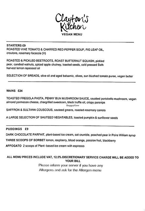 Clayton's Kitchen vegan menu - November 2024 at Clayton's Kitchen in Bath