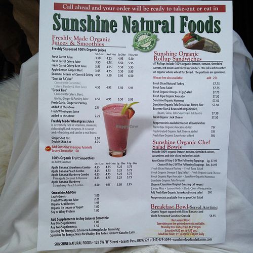 Awesome Menu! at Sunshine Natural Foods Cafe in Grants Pass