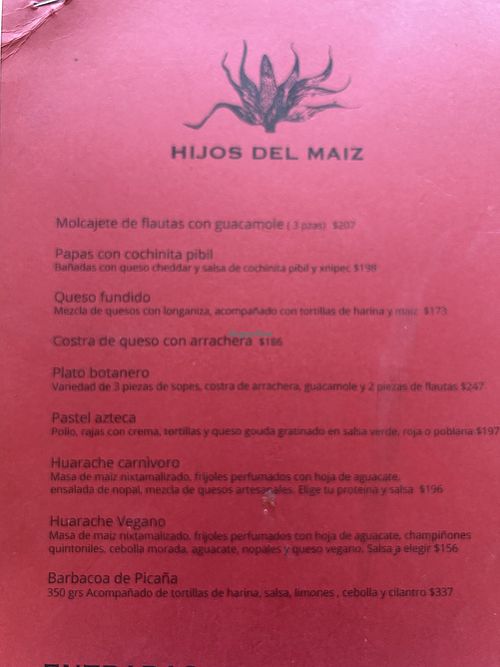 Menu hiarache vegano  at Hijos del Maíz - Antojería in Mexico City