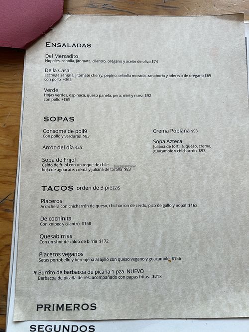 Menu taco vegano  at Hijos del Maíz - Antojería in Mexico City